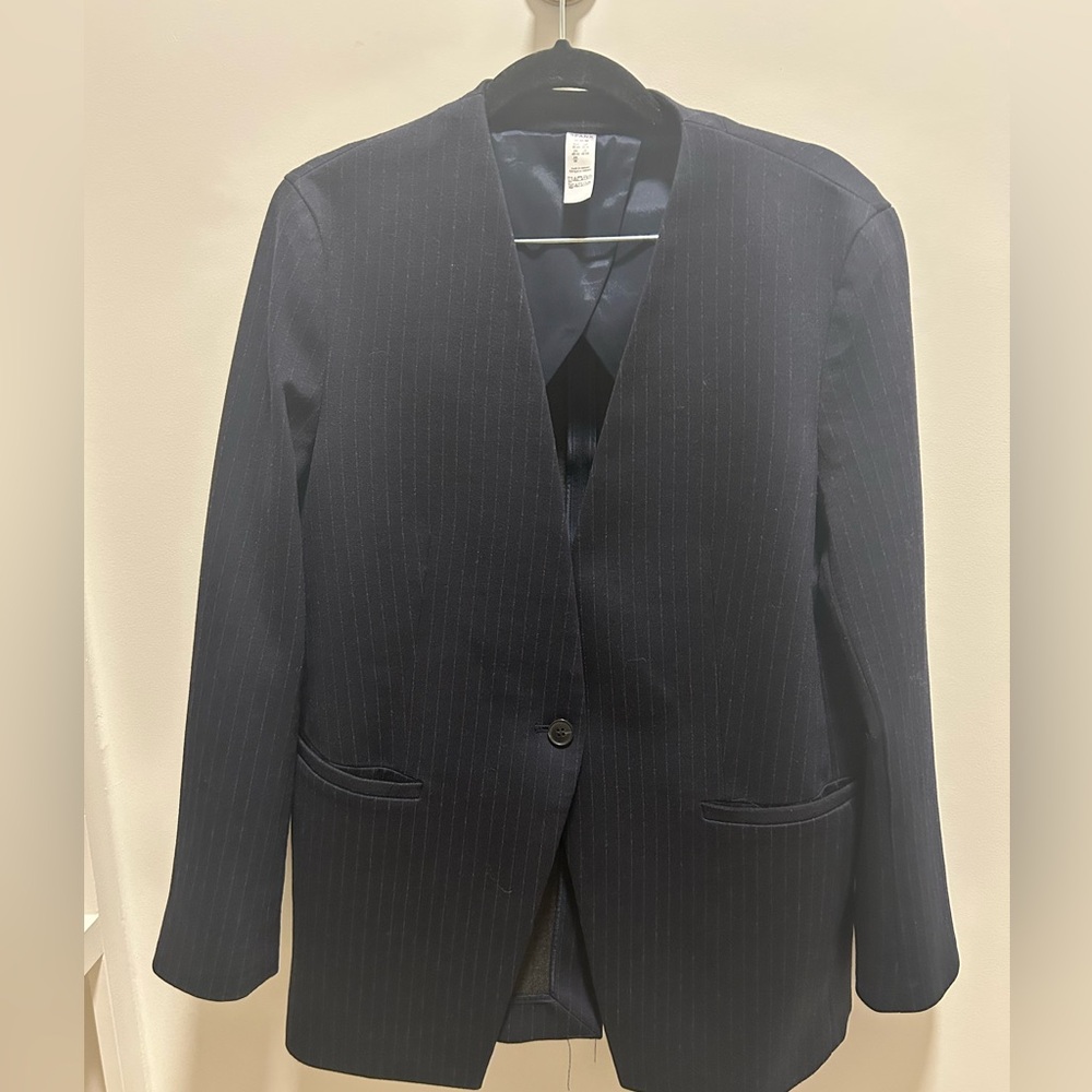 SPANX Navy Pinstripe Collarless Blazer